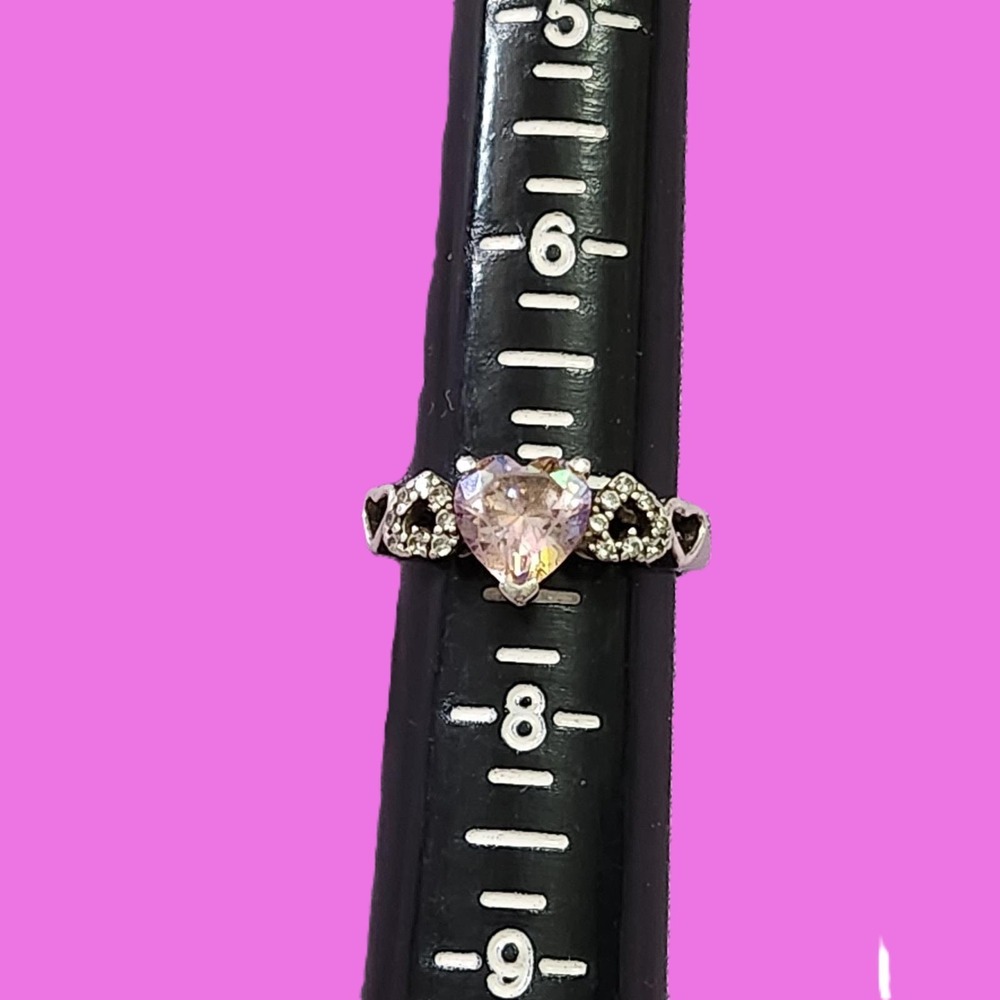 Estate 925 Sterling Silver Pink Heart Ring Genuine Diamond Accents Size‎ 7